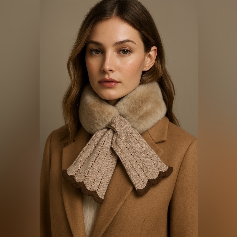 NWOT Beige Brown Faux Fur Knit Scarf Collar Neck Warmer